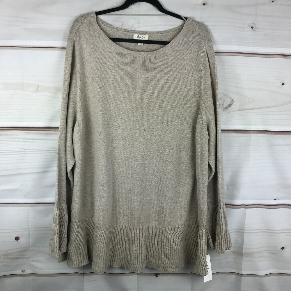 Style&Co‎ Sweater Womens 2X Beige Ruffled-Trim Pullover Long Sleeve Scoop Neck